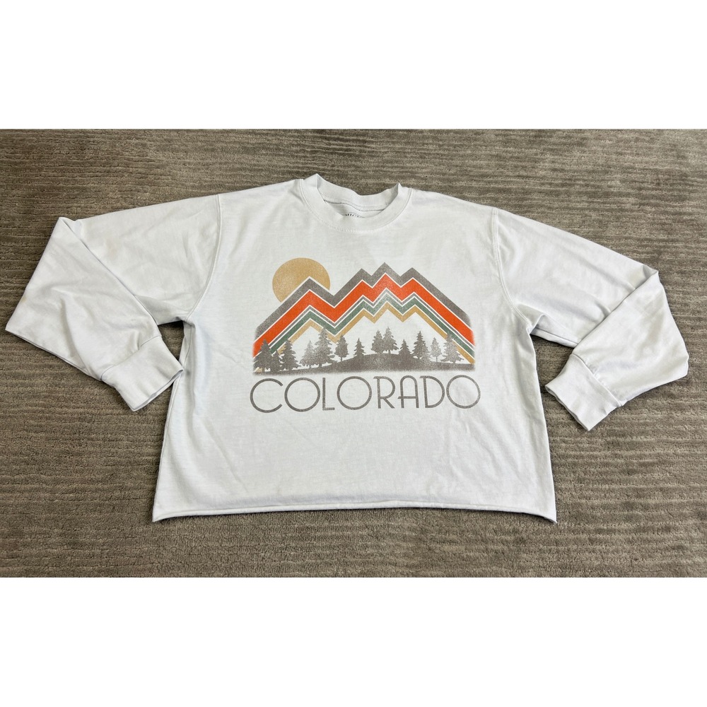 Mighty Fine Graphic Tee Womens Medium White Colorado Mountain Retro Raw Hem Long